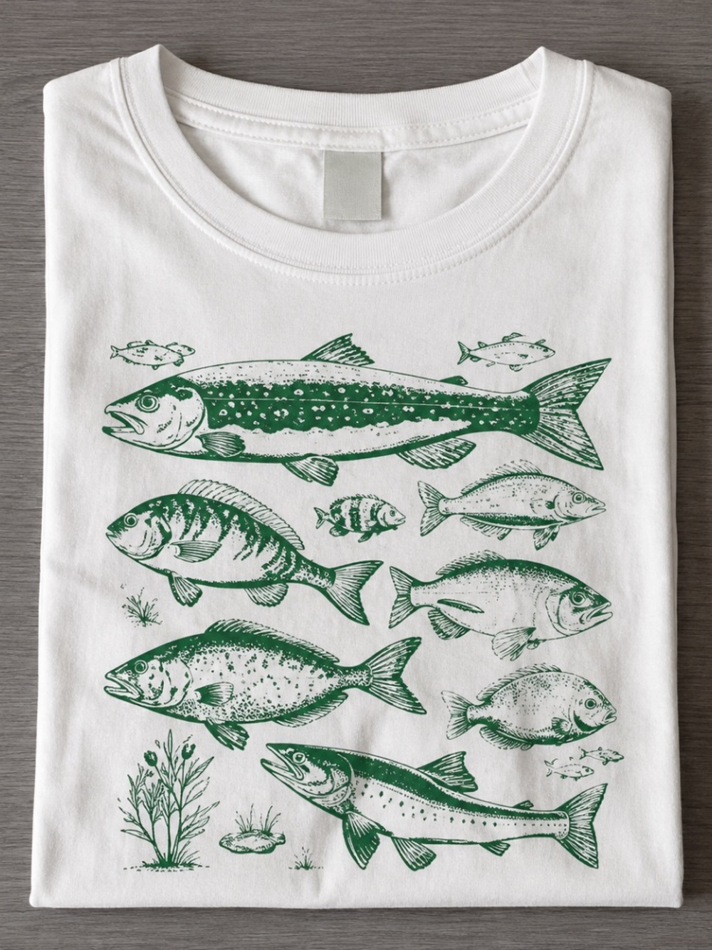 Green Fish Illustration T-Shirt - Style Vintage White Tee